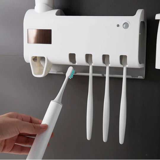 UV Light Sterilizer Toothbrush Holder Cleaner & Automatic Toothpaste Dispenser