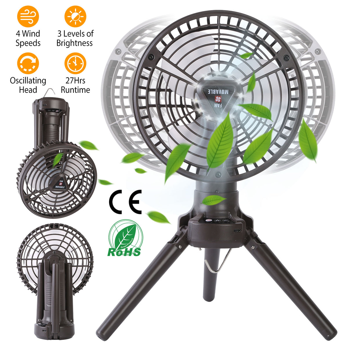 1Pc 10400mah Portable Camping Fan With LED Light Rechargeable Tripod Tent…