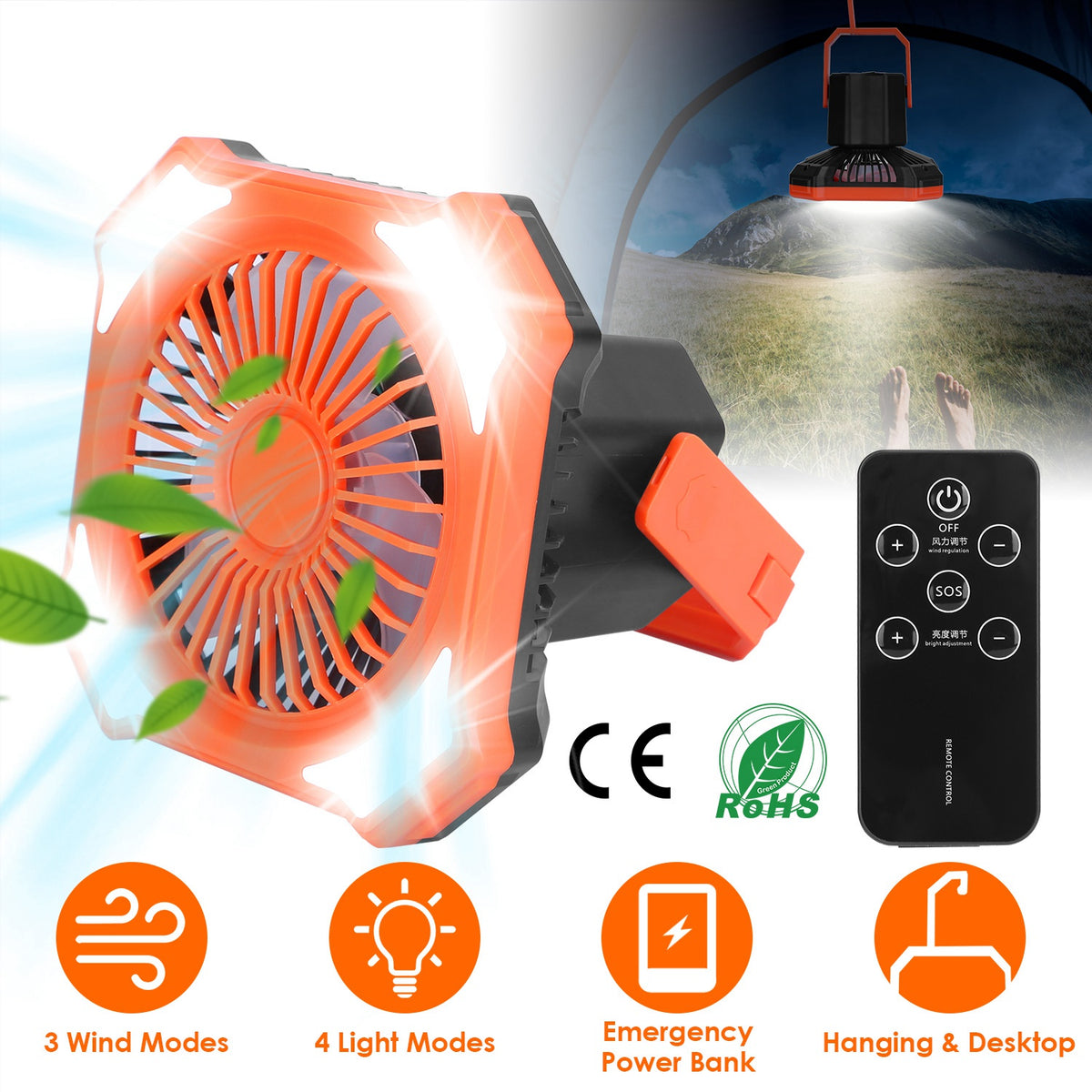 Portable Camping Lantern Fan Battery Powered Hanging Fan USB Rechargeable…
